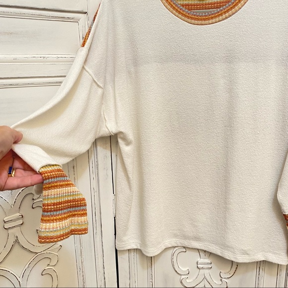 Lulu’s Cream & Fall Colors Stripes Color And Cuff Trim Oversized Sweater Top S - Picture 7 of 8